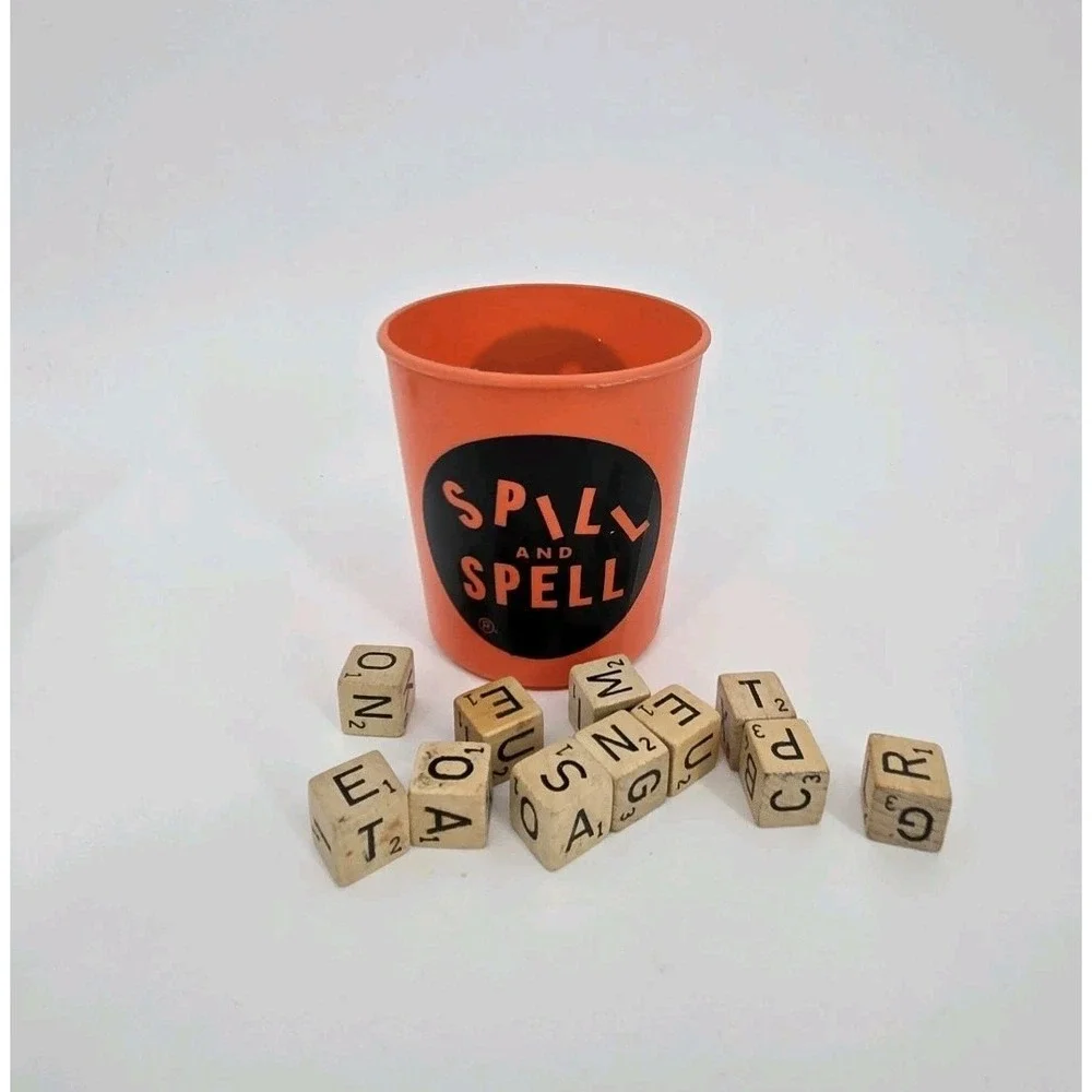 Vintage Wooden Toy & Game Lot Yahtzee Spill & Spell Kaleidoscope Clappers Rattle